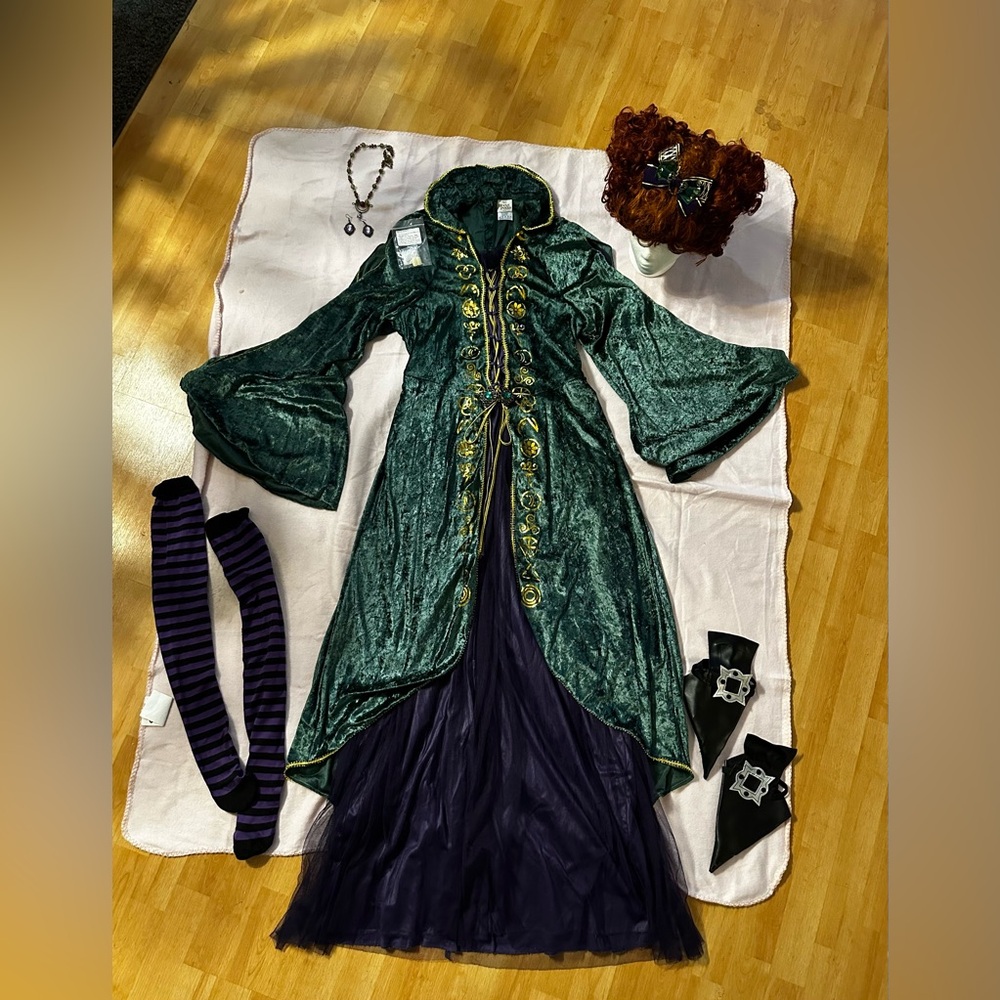 Disney Hocus Pocus Winifred Green Cloak with Gold Trim and accessories